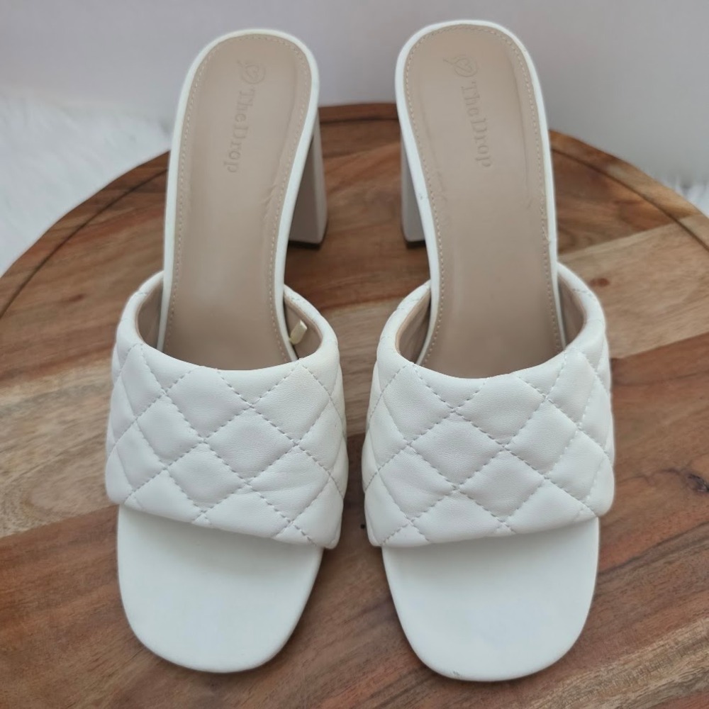 The Drop Women‎ White Quilted Block Heel Mules Sandals Size 9.5 Square Toe Slide